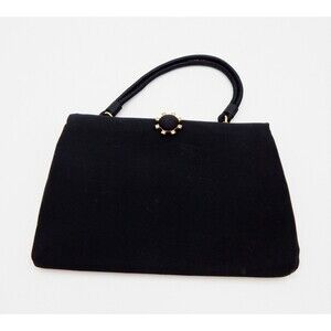 Ingber Evening Black Crepe Handbag Clutch Clamshell Gold Rhinestone Clasp USA